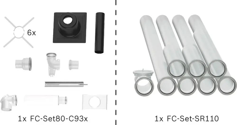 Abgassystem-Zubehör bestehend aus Rohren, Verbindungsstücken und Bauteilen, markiert für die Verwendung mit Bosch-Geräten.